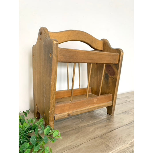 Vintage Natural Wood Magazine Rack Rustic Cottagecore Organizer Farmhouse