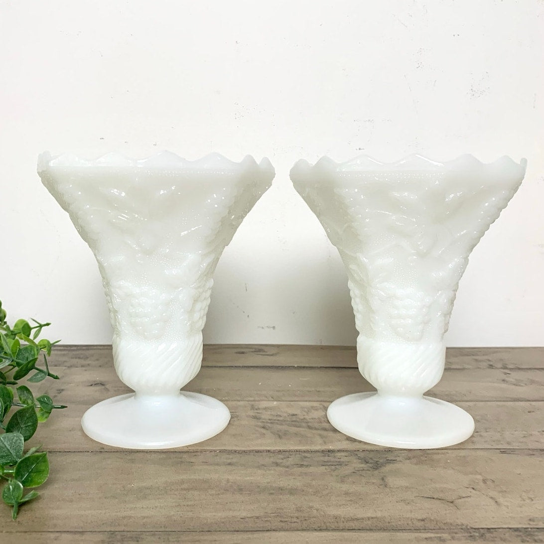 Anchor Hocking Vintage Pair White Milk Glass Grape Vine Pedestal Vases Cottage