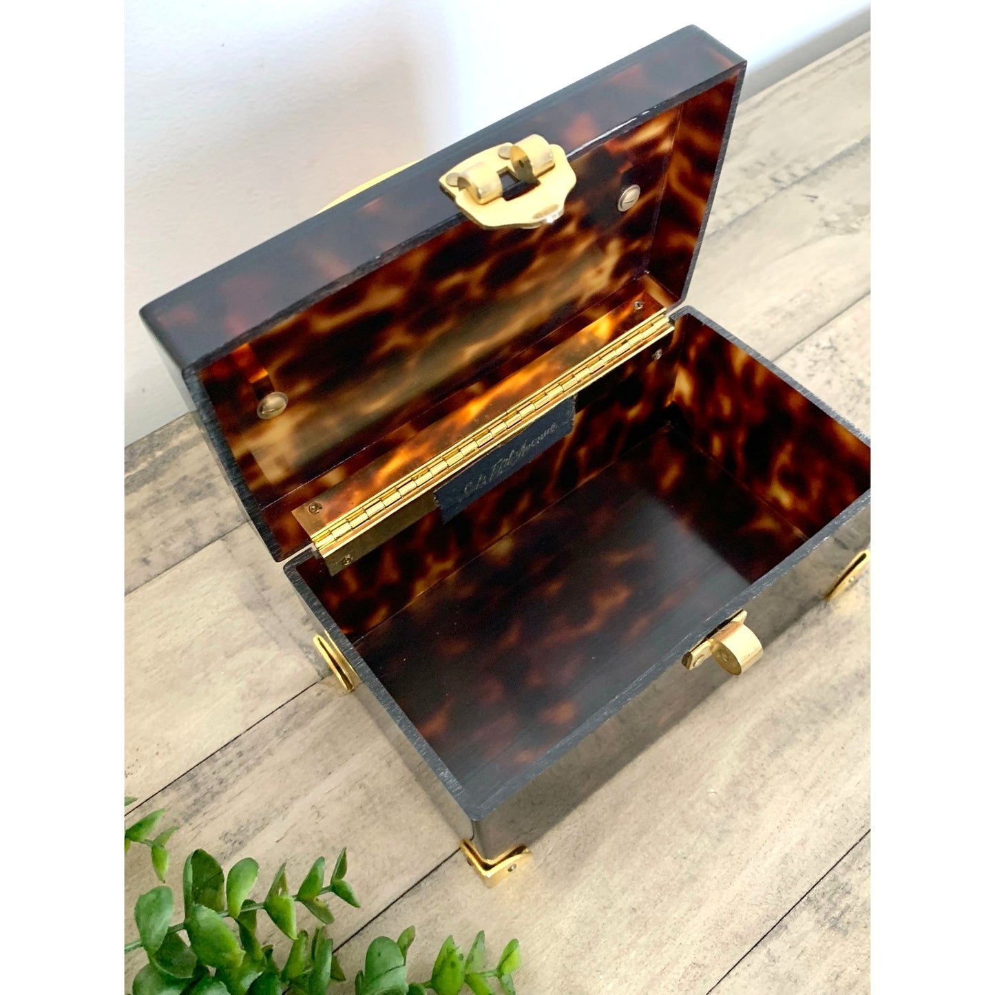 Vintage Saks Fifth Avenue Faux Tortoiseshell Lucite Box Brass Jewelry Storage
