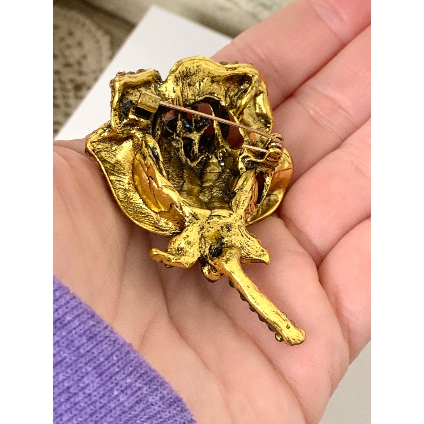 Rhinestone Rose Brooch and Pendant Gold Tone Flower Pin Statement Jewelry