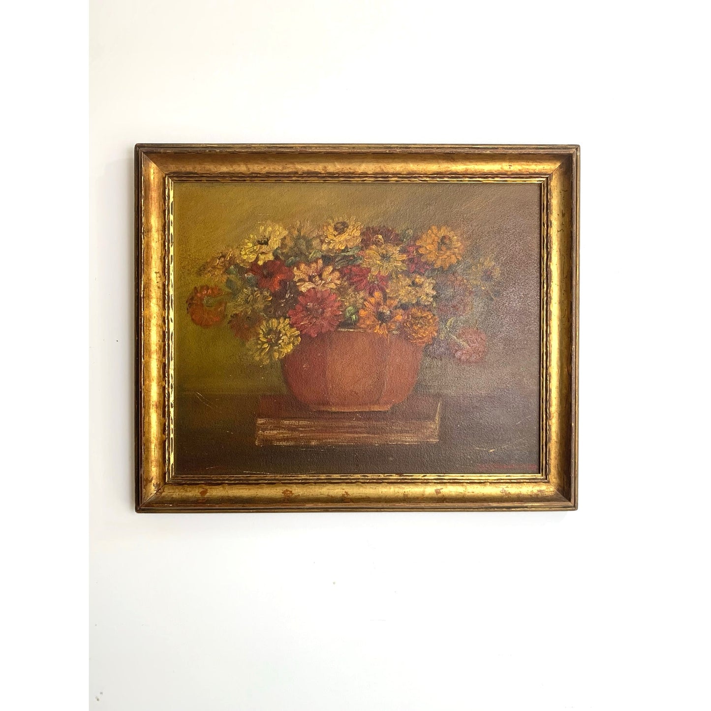 Vintage Floral Still Life Oil Painting on Board Signed Wright Framed Moody Art
