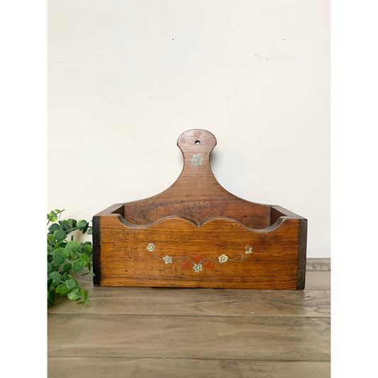 Vintage Wood Wall Hanging Box Mail Holder with Hand-Painted Hearts Flowers Romantic Cottagecore Rustic Farmhouse
