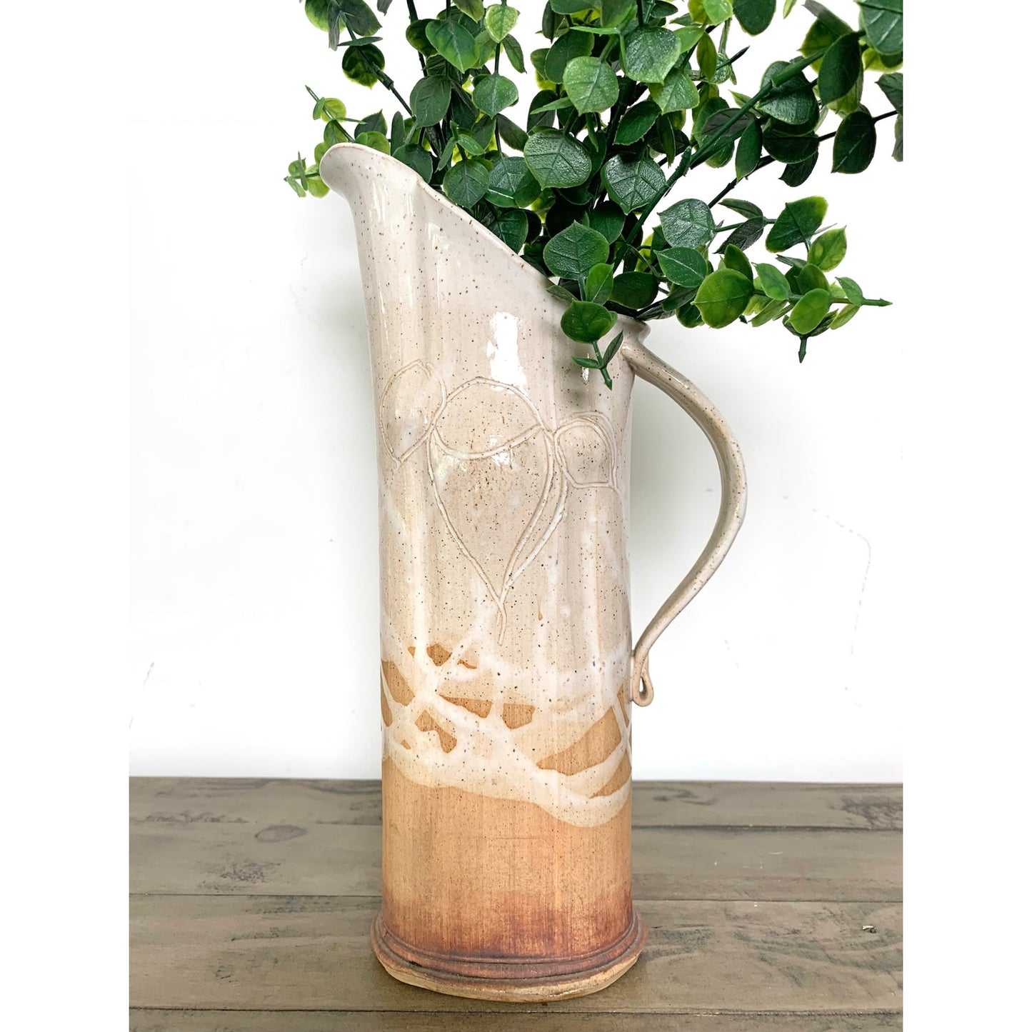 Handmade Artisan Pottery Pitcher Vase, Stoneware Rustic Neutral Glaze, 12.75" H