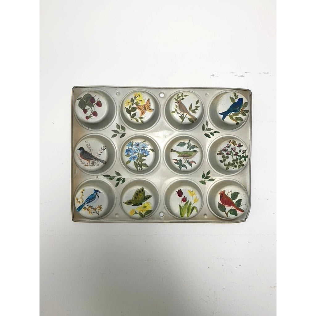 Vintage Hand Painted Cupcake Tin Wall Art, Signed 1977, Botanical and Bird Scenes