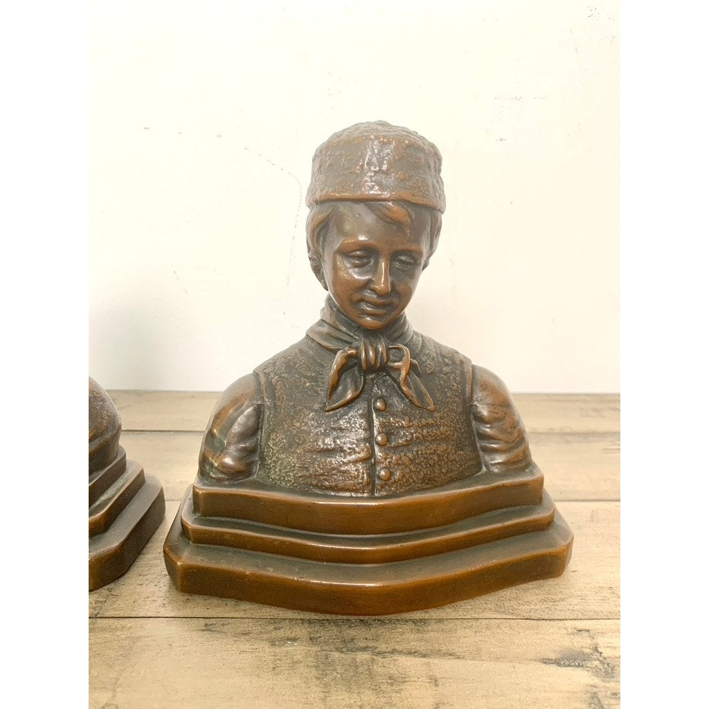 Antique Bronze Patina Dutch Couple Bookends – Folk Art Bust Pair