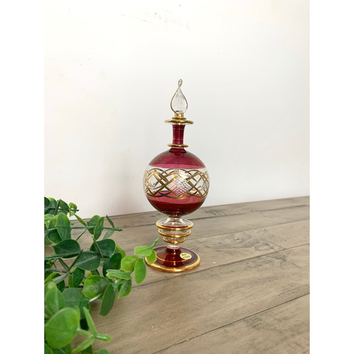 Vintage Egyptian Ruby Red Gold Hand Blown Glass Perfume Bottle Vanity Regency