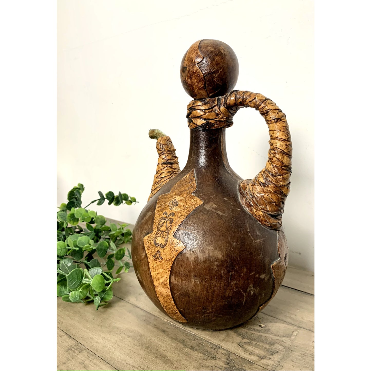 Vintage Italian Leather Lion Head Decanter Bottle Brass Ring Stopper Old Money