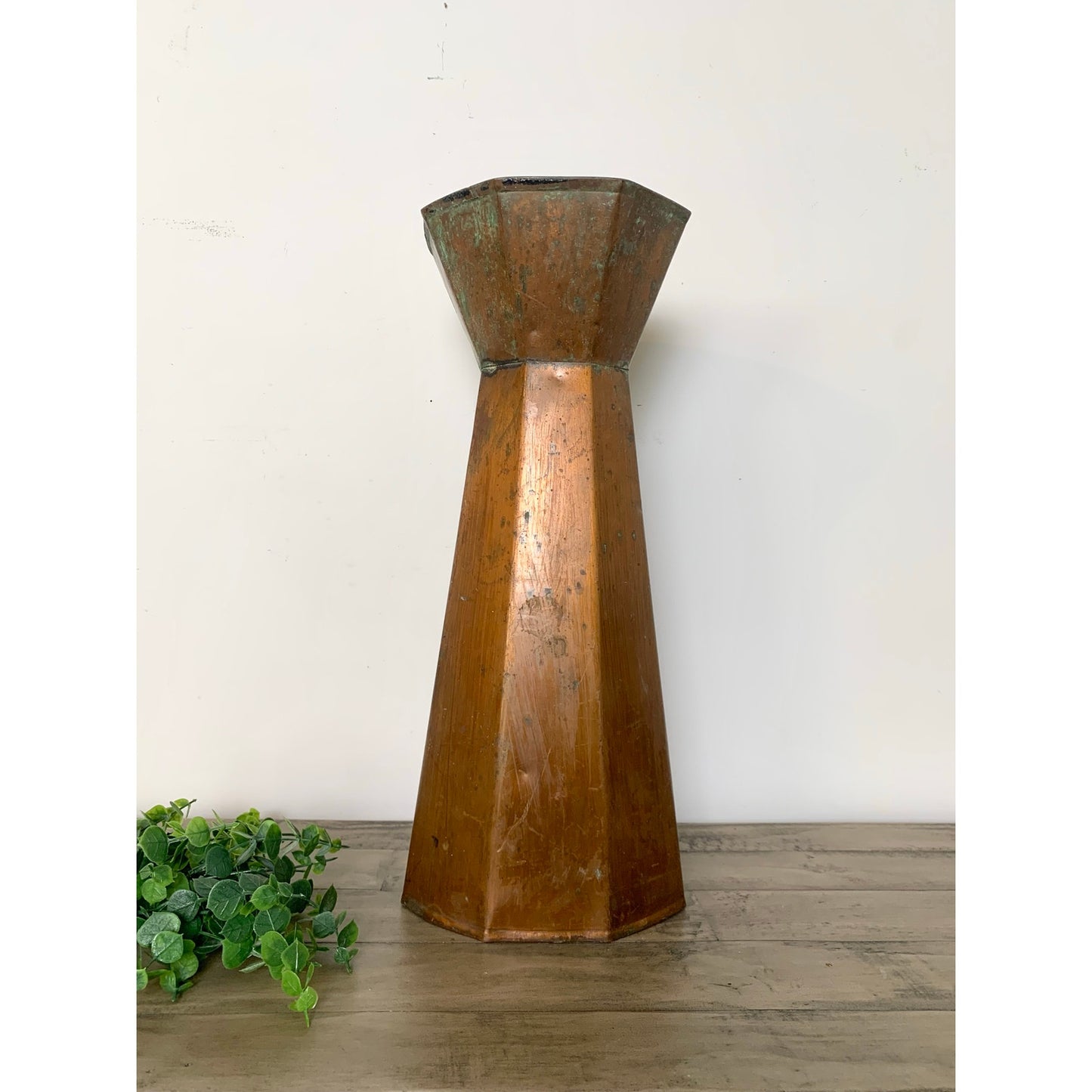 Vintage Copper Vase with Natural Verdigris Patina Large Statement Vessel Rustic