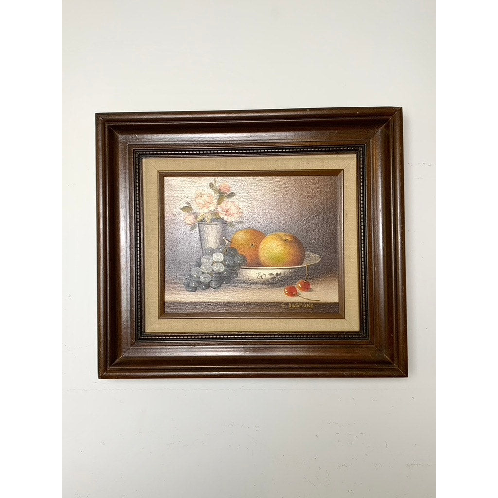Vintage Still Life Oil Painting Signed C. Desmond, Framed Fruit & Floral Art