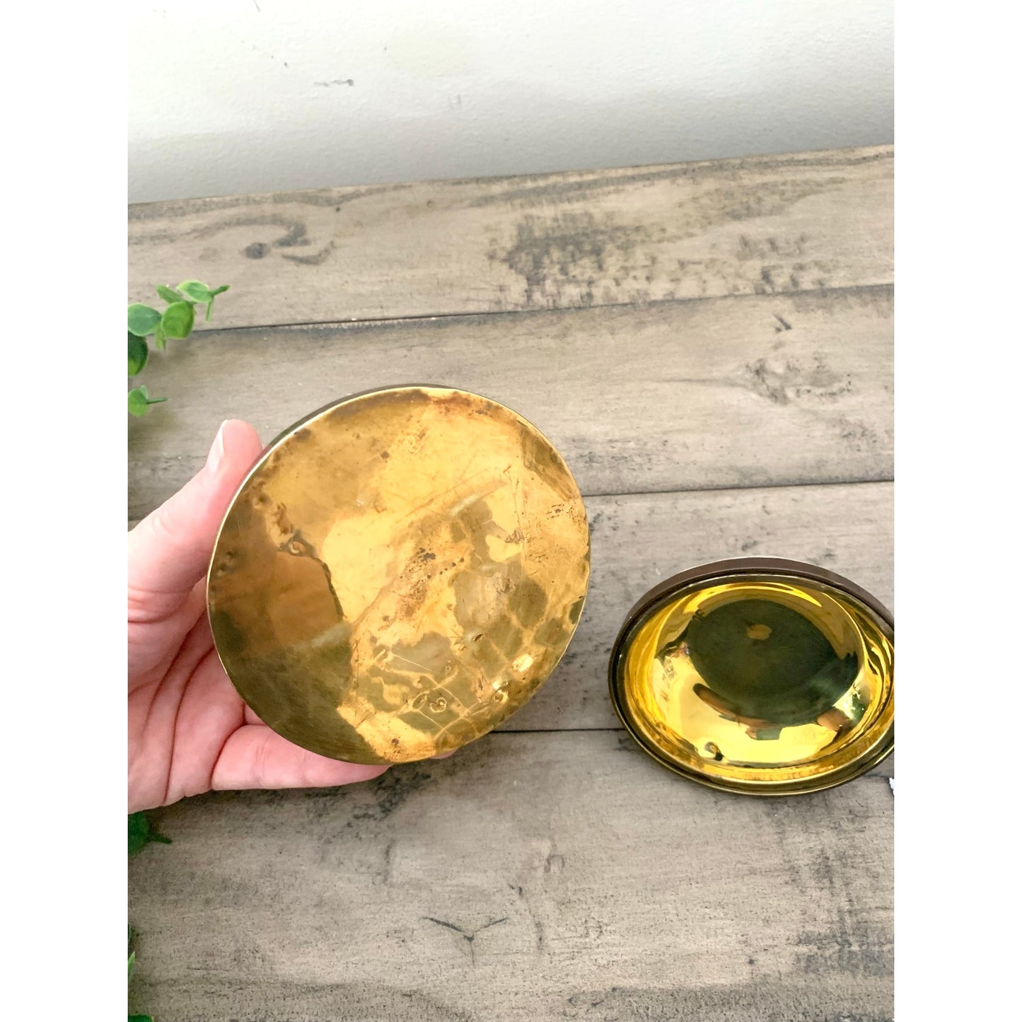 Vintage Inlaid Bone & Brass Domed Lidded Trinket Box Jewelry Storage Old Money