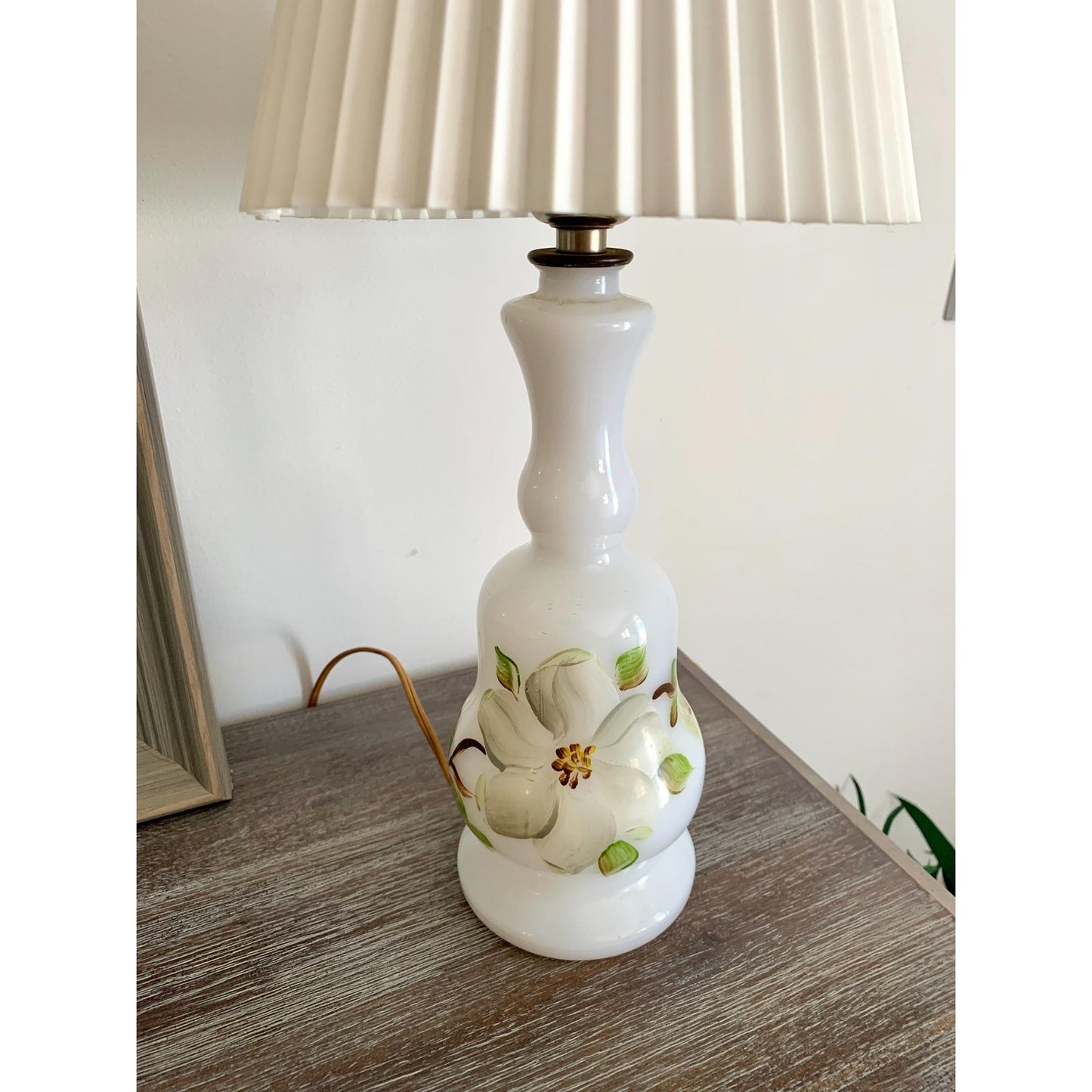 Vintage Hand-Painted Milk Glass Lamp with Pleated Shade