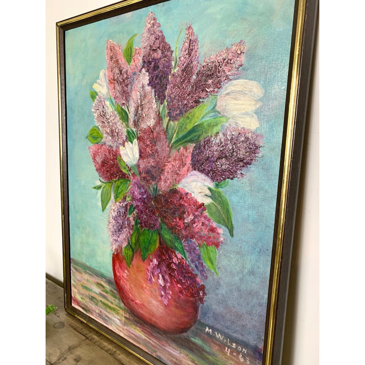 1963 Oil Painting Lilacs in Red Vase by M. Wilson Vintage Floral Still Life