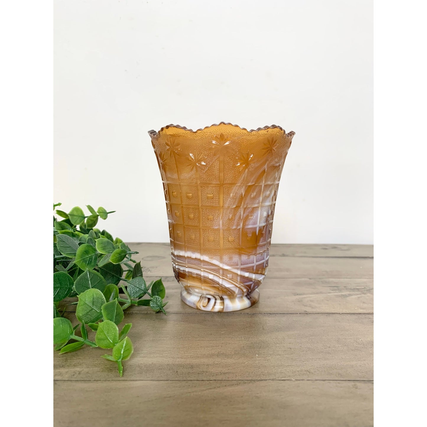 Vintage Imperial Glass Amber Slag Glass Vase Marbled Swirl Mid Century Scalloped