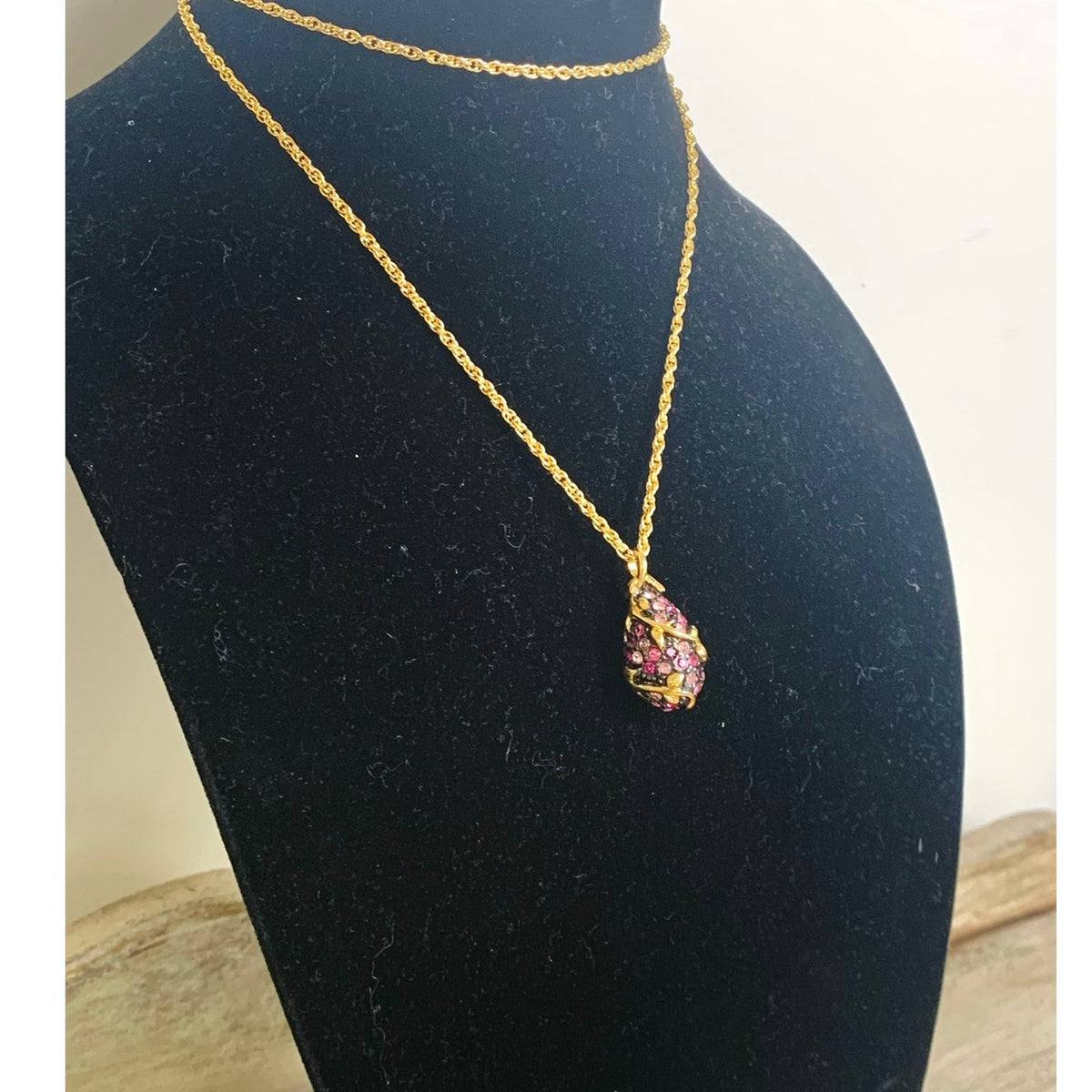 Vintage Joan Rivers Pink Purple Pendant Necklace Pave Rhinestone Gold Tone Romantic Glam