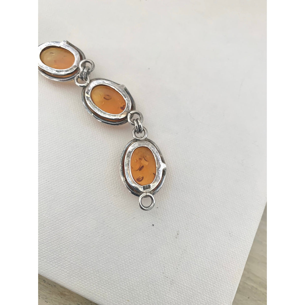 Vintage 925 Sterling Silver Amber Bracelet Six Stone Oval Link Jewelry Boho Southwestern