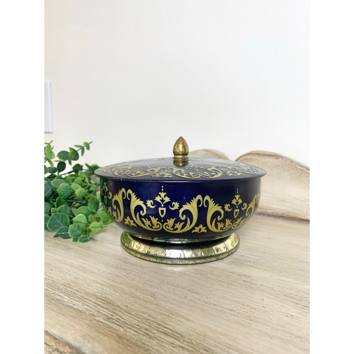 Vintage English Lidded Tin Tea Caddy Biscuit Tin Cobalt Blue Gold Lidded Container