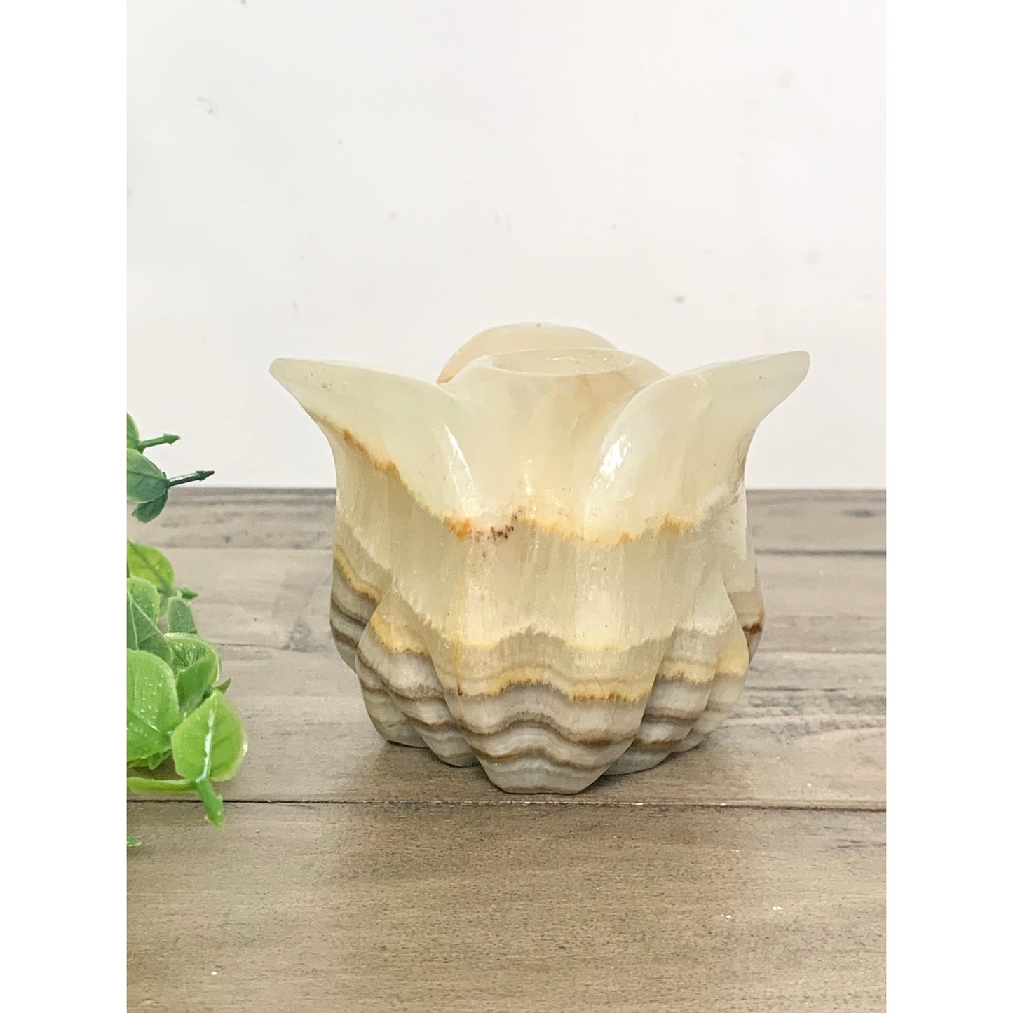 Vintage Onyx Stone Candle Holder Carved Marble Style Taper Holder Floral Earthy