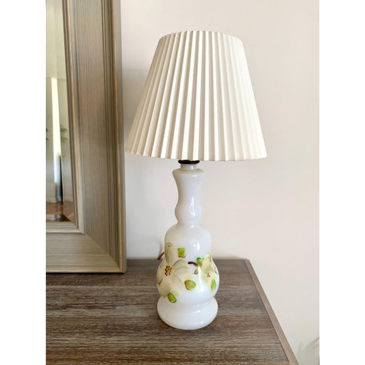 Vintage Hand-Painted Milk Glass Lamp with Pleated Shade