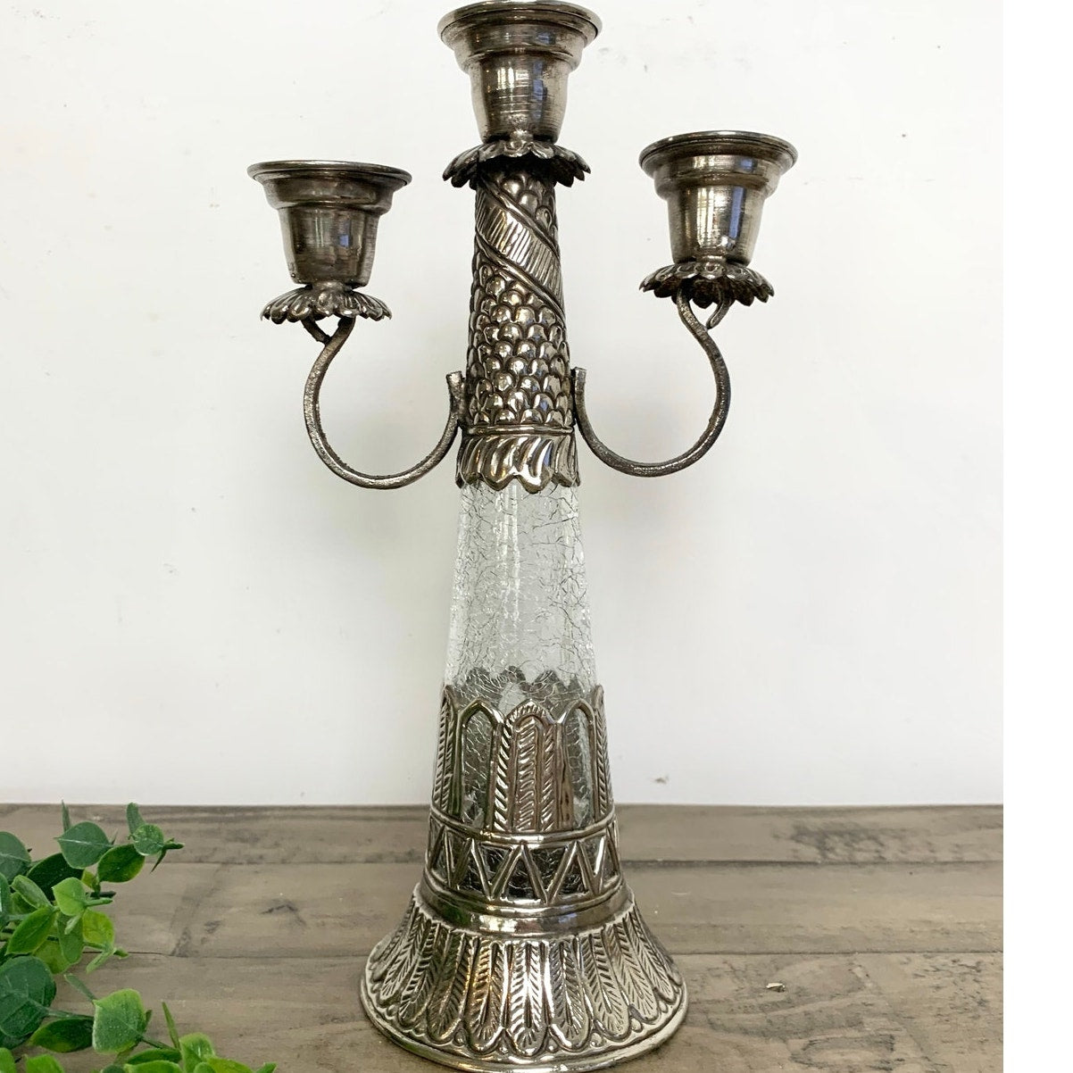 Vintage Ornate Silver Tone Candelabra Crackle Glass Stem Three Arm Candle Holder