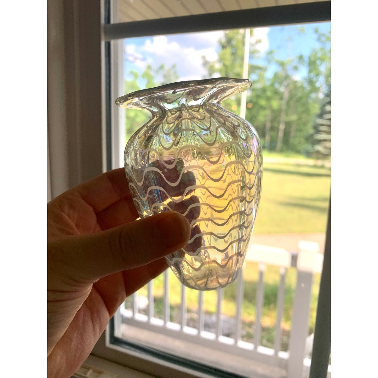 Vintage Glass Eye Studio Iridescent Art Glass Vase Handblown with Wavy Design