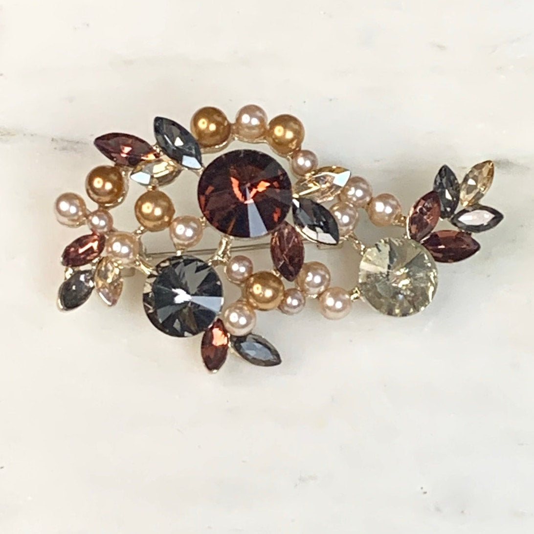 Romantic Rhinestone and Faux Pearl Brooch Multicolor Glass Statement Pin