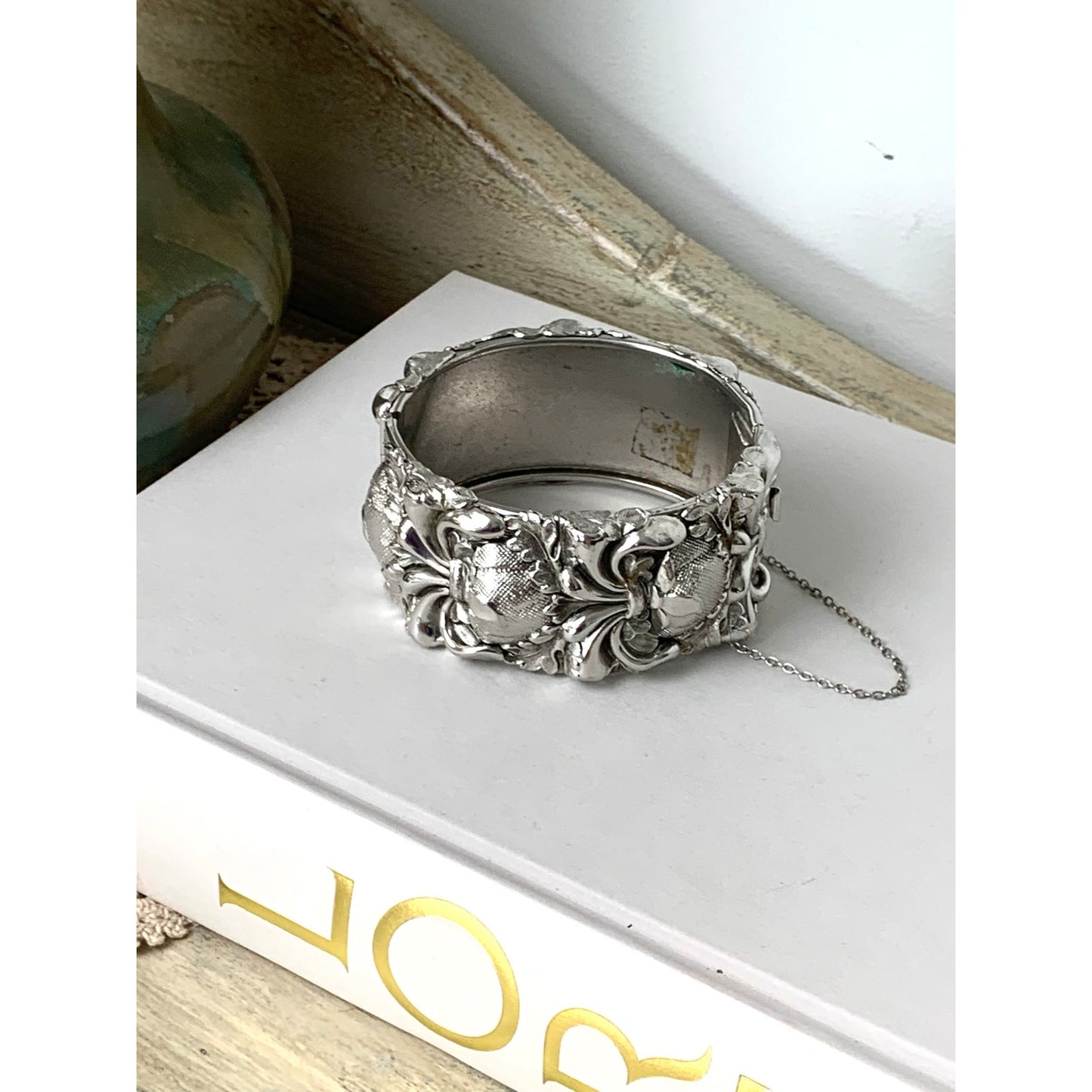 Vintage Wide Silver Tone Bracelet Whiting and Davis Style Repousse Floral Bangle