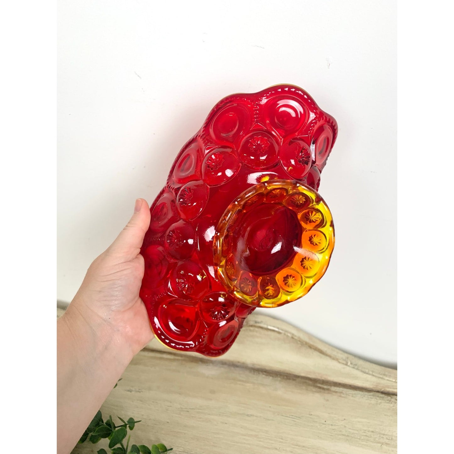 Vintage L.E. Smith Amberina Moon and Stars Banana Boat Glass Pedestal Vase Mid Century
