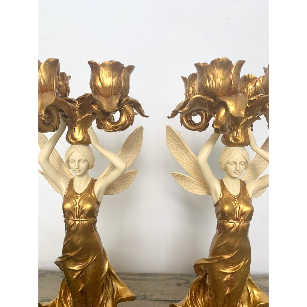 Vintage Art Nouveau Style Winged Women Candelabra Pair Gold Figural Fairy Candle