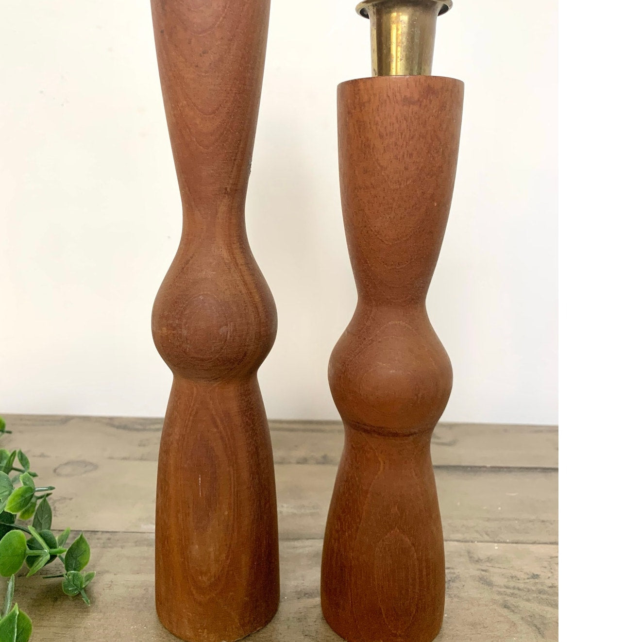 Pair of Vintage Mid Century Modern Wood Candlesticks with Brass Holders Cottage