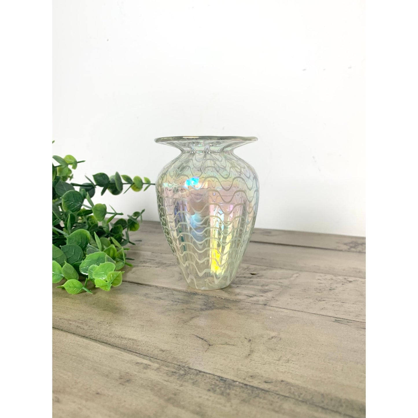 Vintage Glass Eye Studio Iridescent Art Glass Vase Handblown with Wavy Design