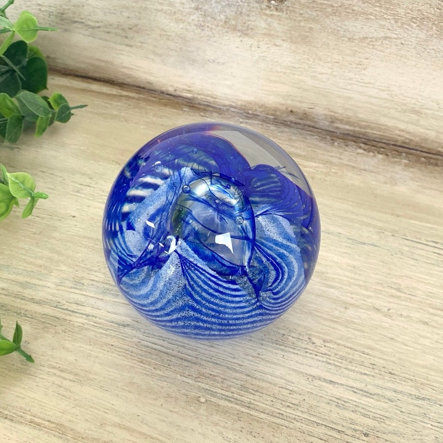 Vintage Caithness Blue Swirl Glass Paperweight Signed Scottish Art Glass Mid Century Style