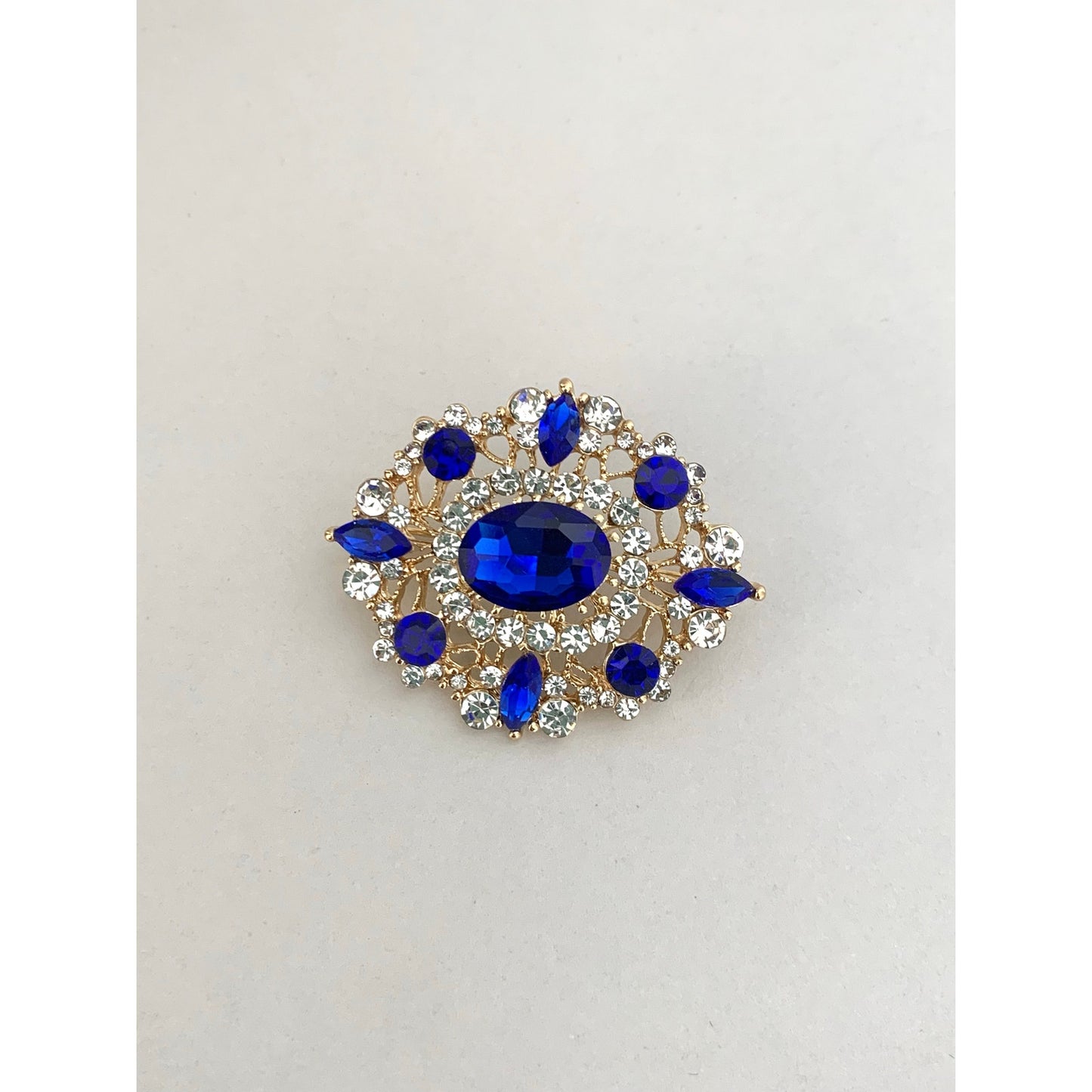 Blue Glass Rhinestone Statement Brooch Goldtone Clear Accents Romantic Vintage Style