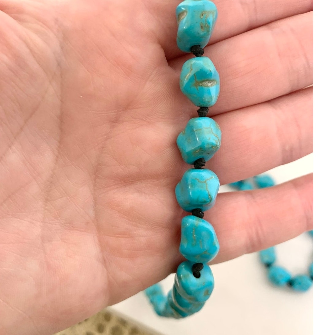 Blue Turquoise Nugget Beaded Necklace Long Vintage Southwestern Boho Jewelry 46"
