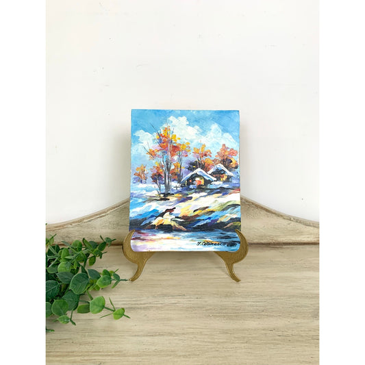 Vintage Winter Landscape Oil Painting Signed Impressionist Art Cottagecore Mid Century