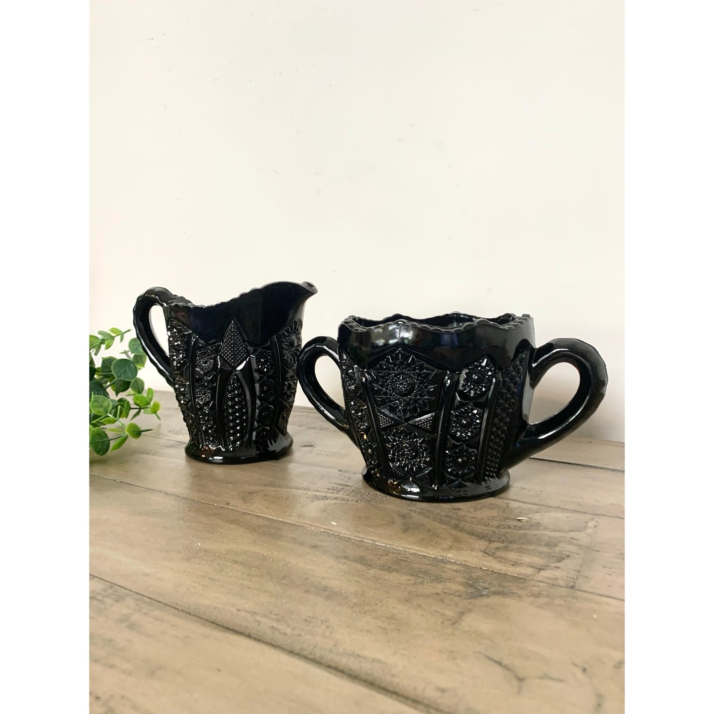 Vintage Tiara Indiana Glass Black Daisy Monarch Creamer and Sugar Set – Pressed Glass Mid Century Barware