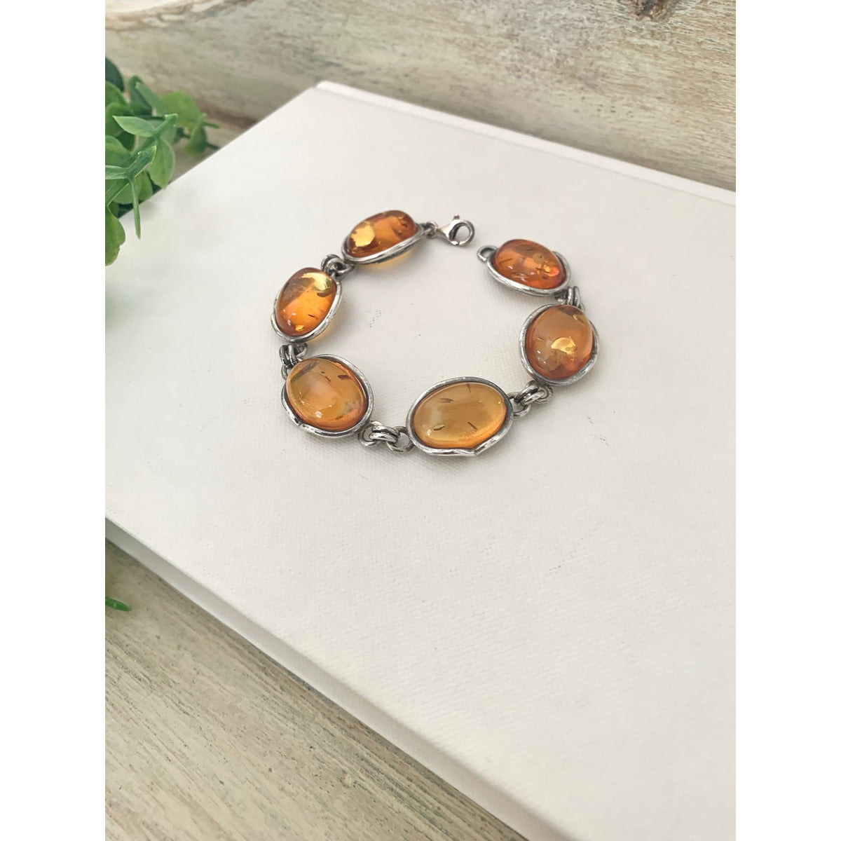 Vintage 925 Sterling Silver Amber Bracelet Six Stone Oval Link Jewelry Boho Southwestern