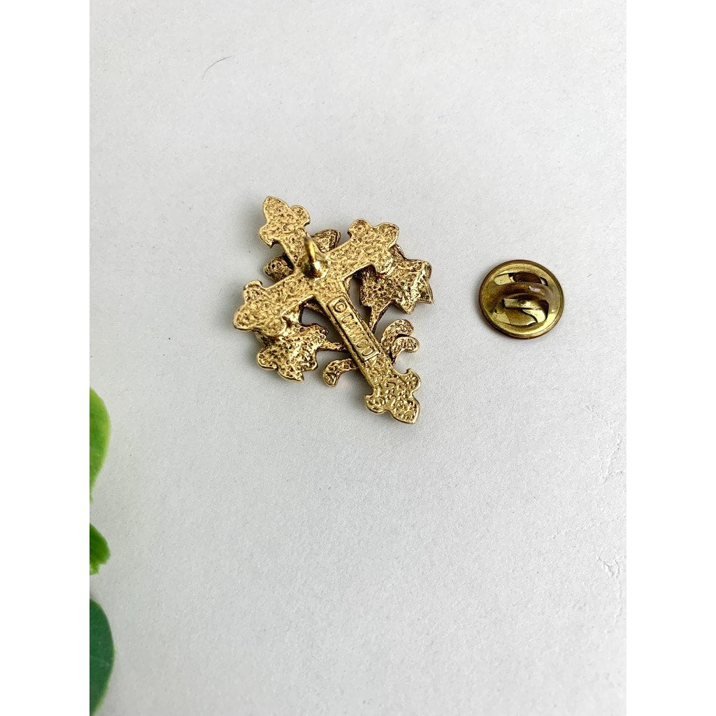 Vintage Gold Tone Floral Cross Brooch Pin Signed Religious Ornate Romantic Jewelry