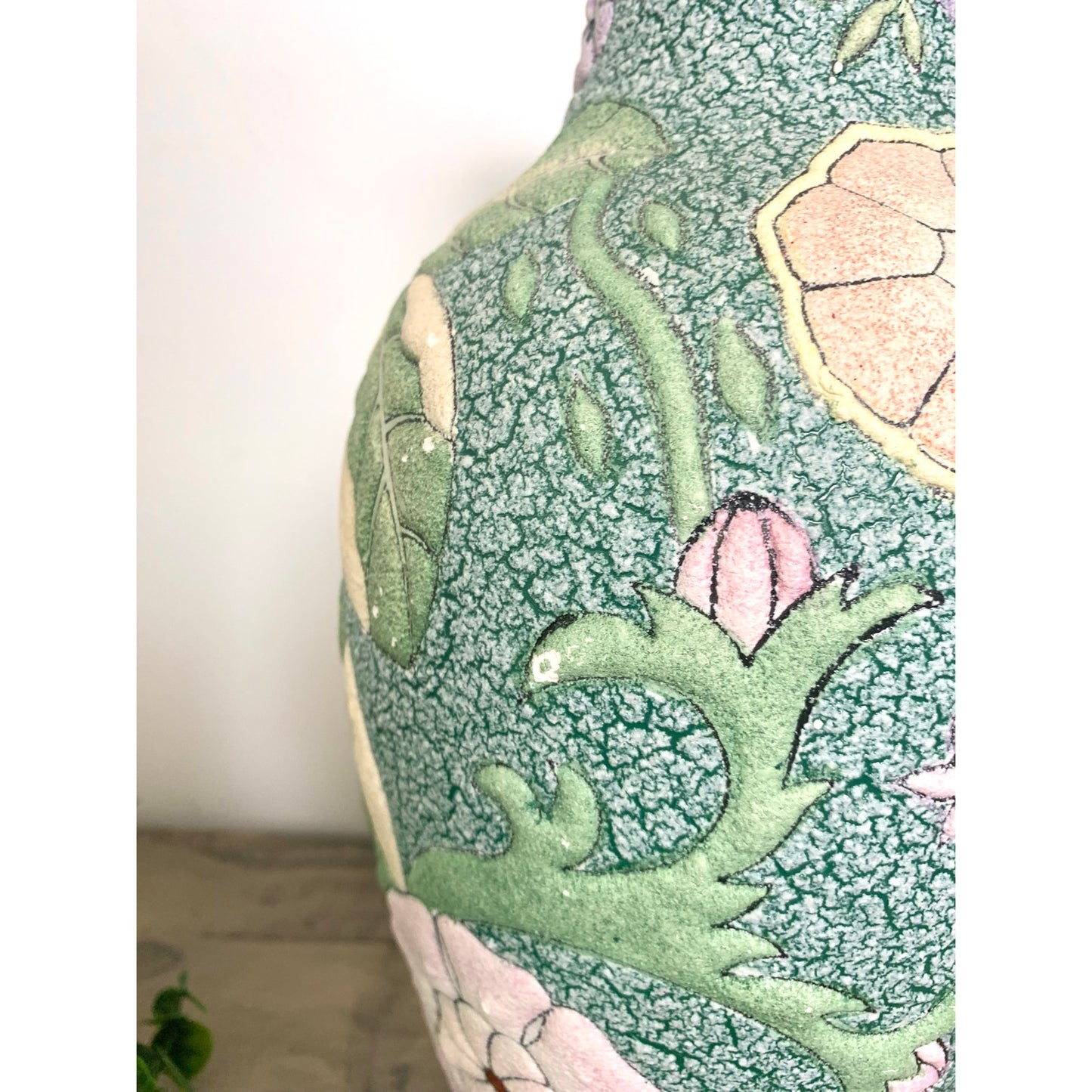 Vintage Chinese High-Relief Textured Ceramic Vase Floral & Fruit Chinoiserie 12"