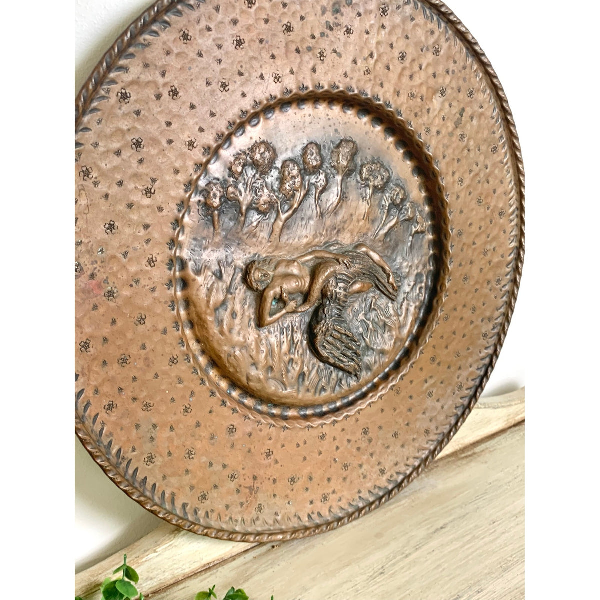 Vintage Copper Leda and Swan Repousse Wall Plaque Mythological Art Relief Scene