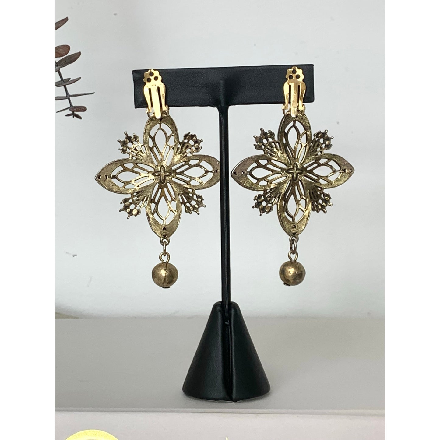 Vintage Gold Tone Clip On Earrings Ornate Filigree Floral Dangle Earrings Statement Jewelry