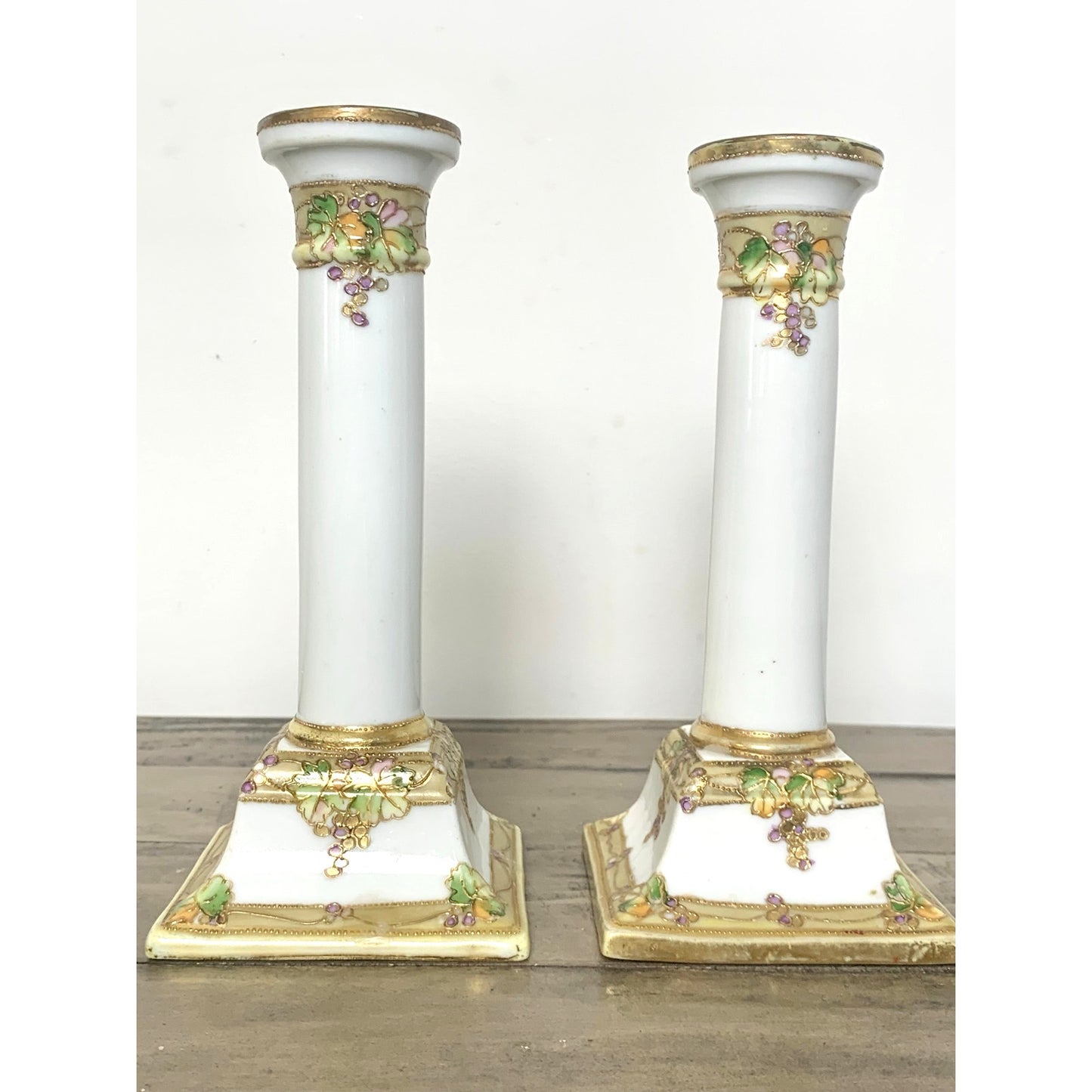 Antique Nippon Hand-Painted Candlestick Holders Pair Grape & Gold Moriage 7” H