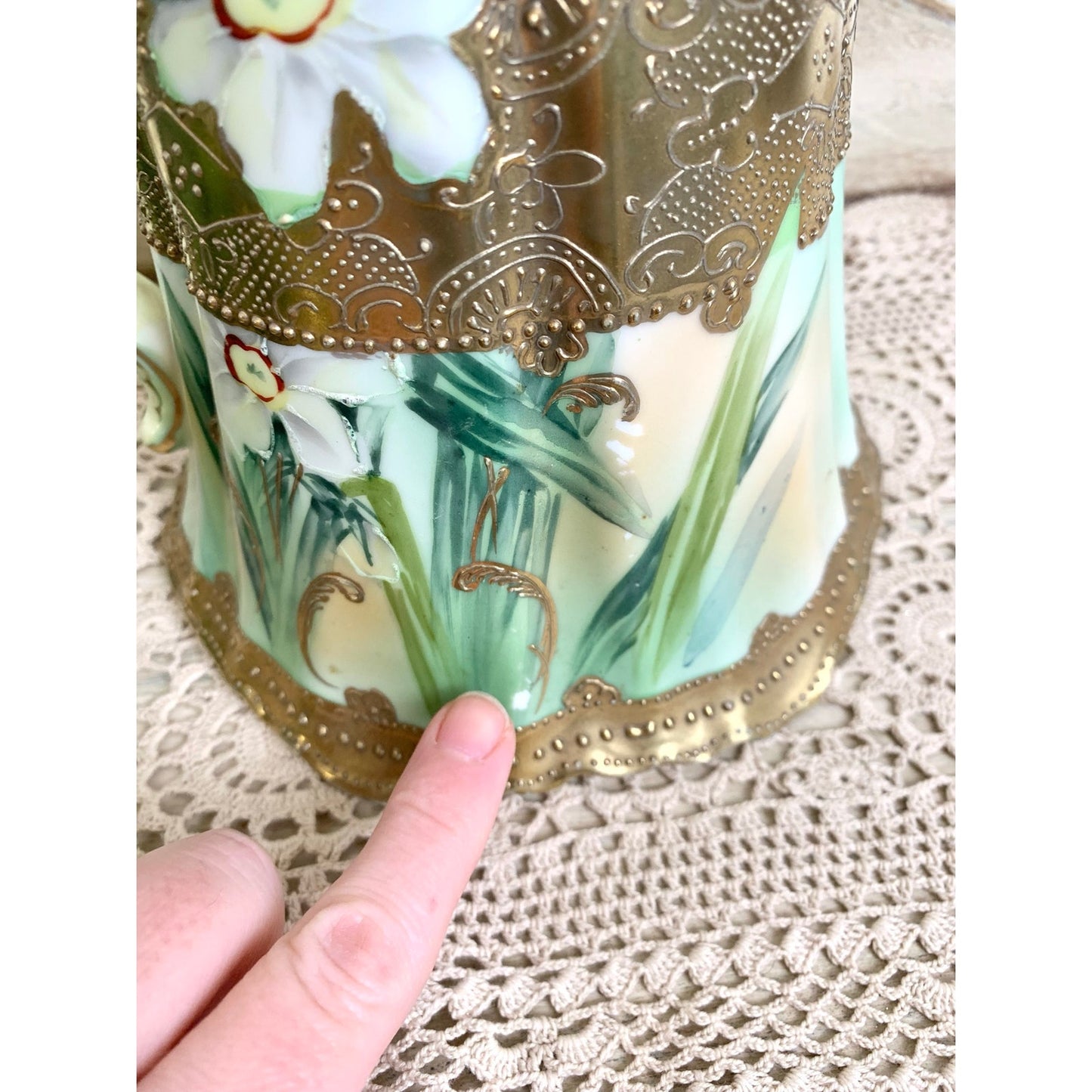 Antique Hand Painted Nippon Porcelain Pitcher Vase Floral Gold Romantic Cottage