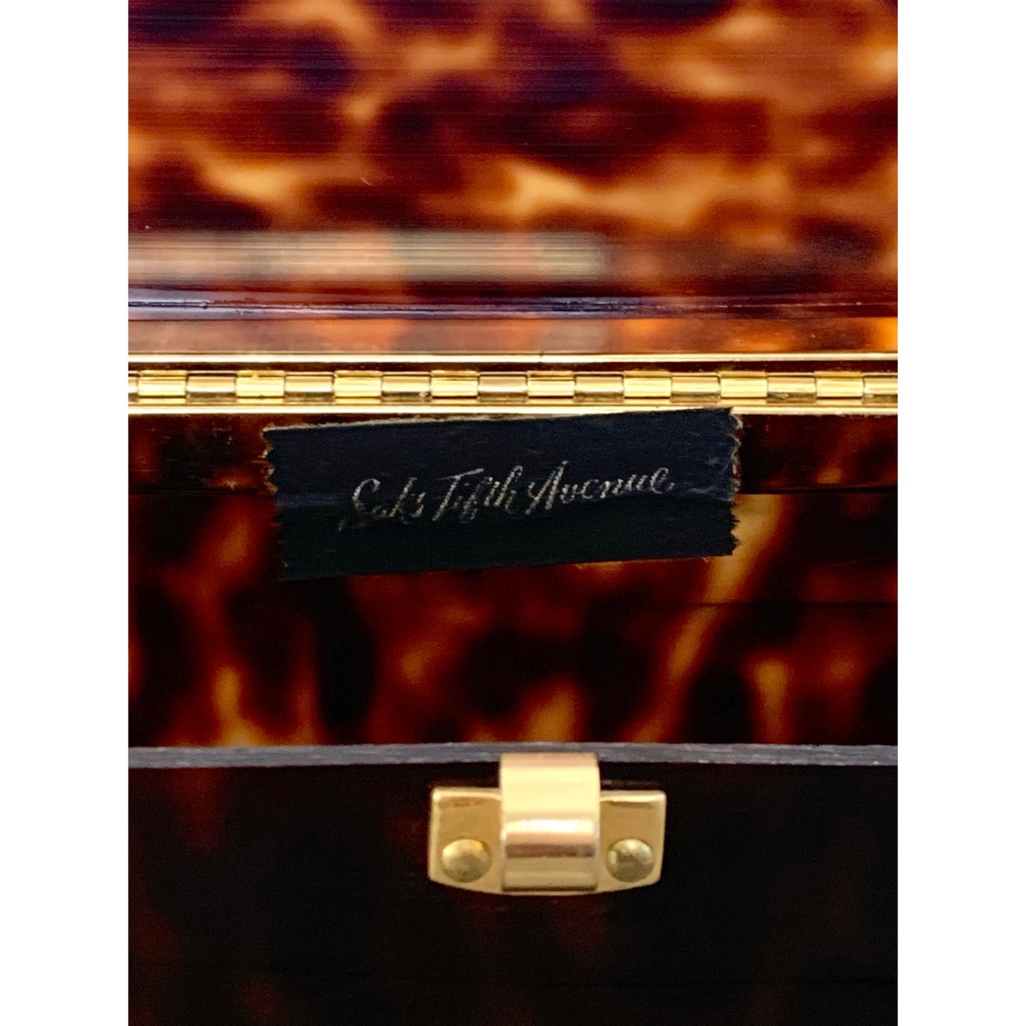 Vintage Saks Fifth Avenue Faux Tortoiseshell Lucite Box Brass Jewelry Storage
