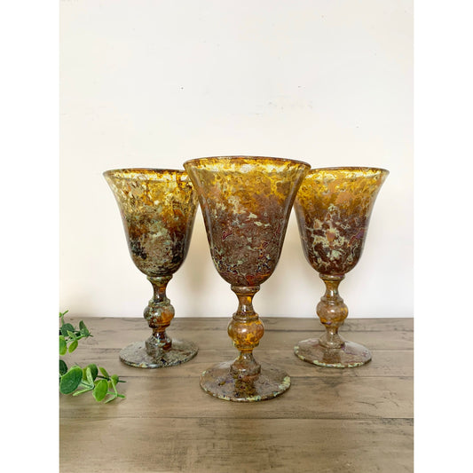 Neiman Marcus Red Moss Agate Goblets Set 3 Vintage Hand Blown Art Glass Poland