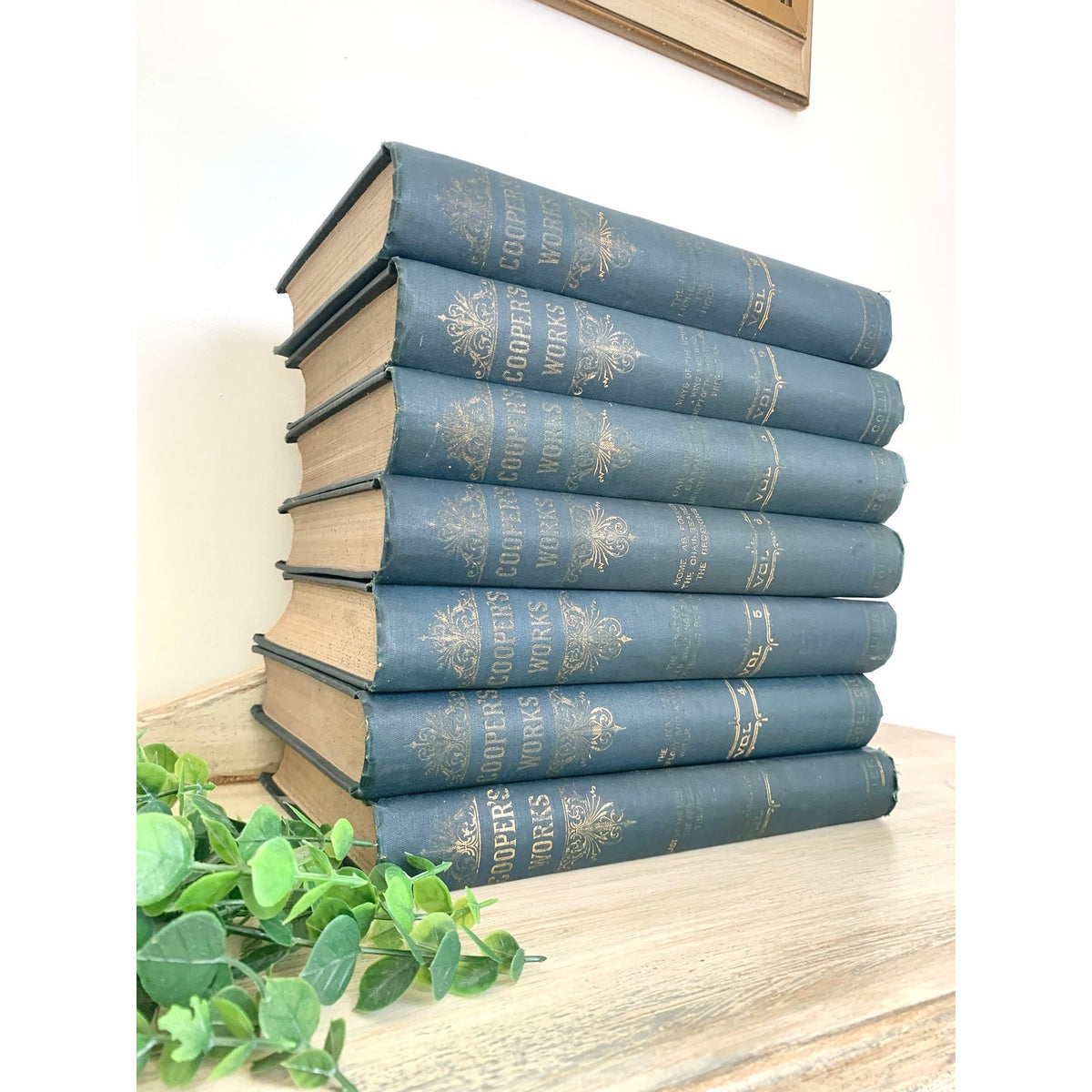 Antique 1891 James Fenimore Cooper Works Seven Volume Blue Gilt Book Set