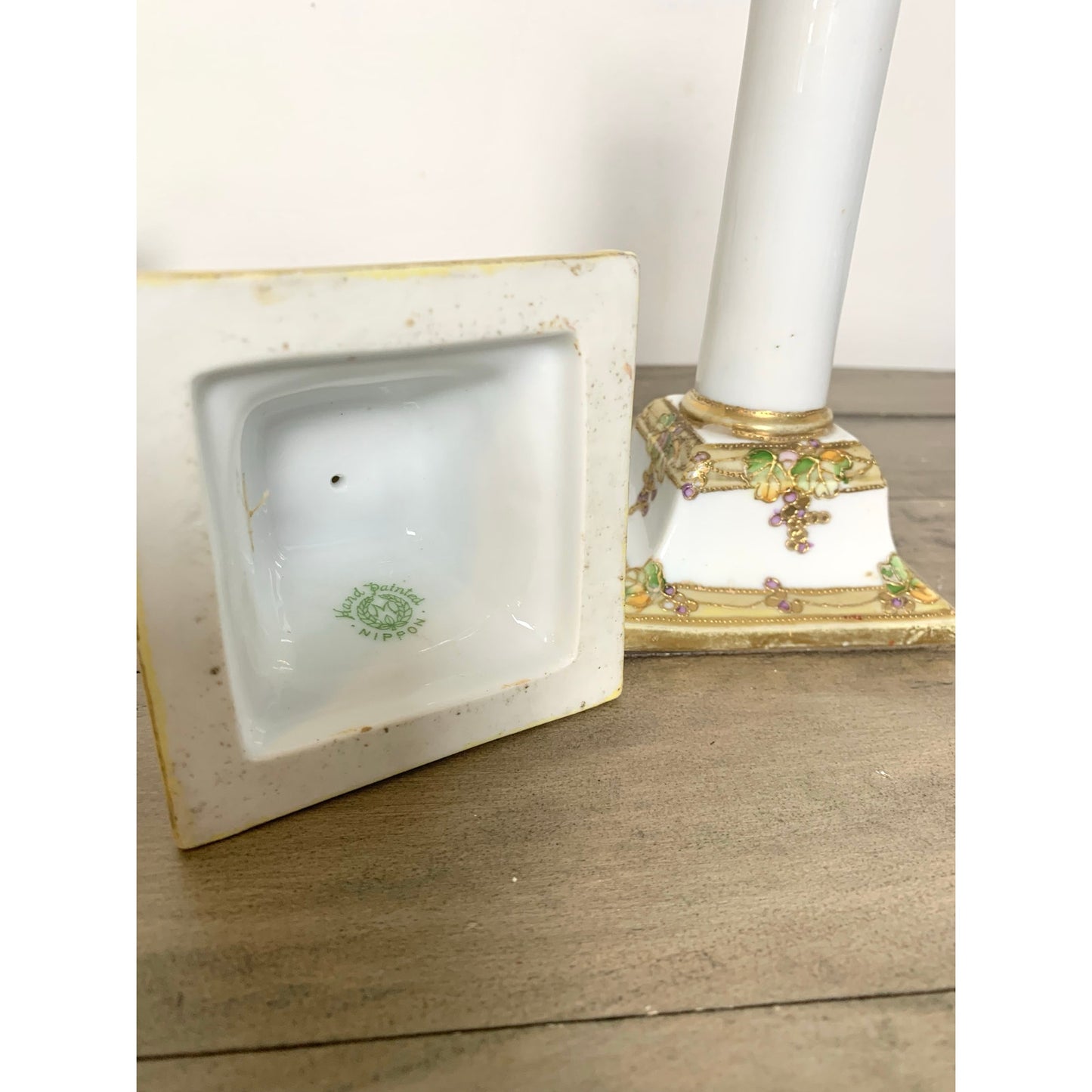 Antique Nippon Hand-Painted Candlestick Holders Pair Grape & Gold Moriage 7” H