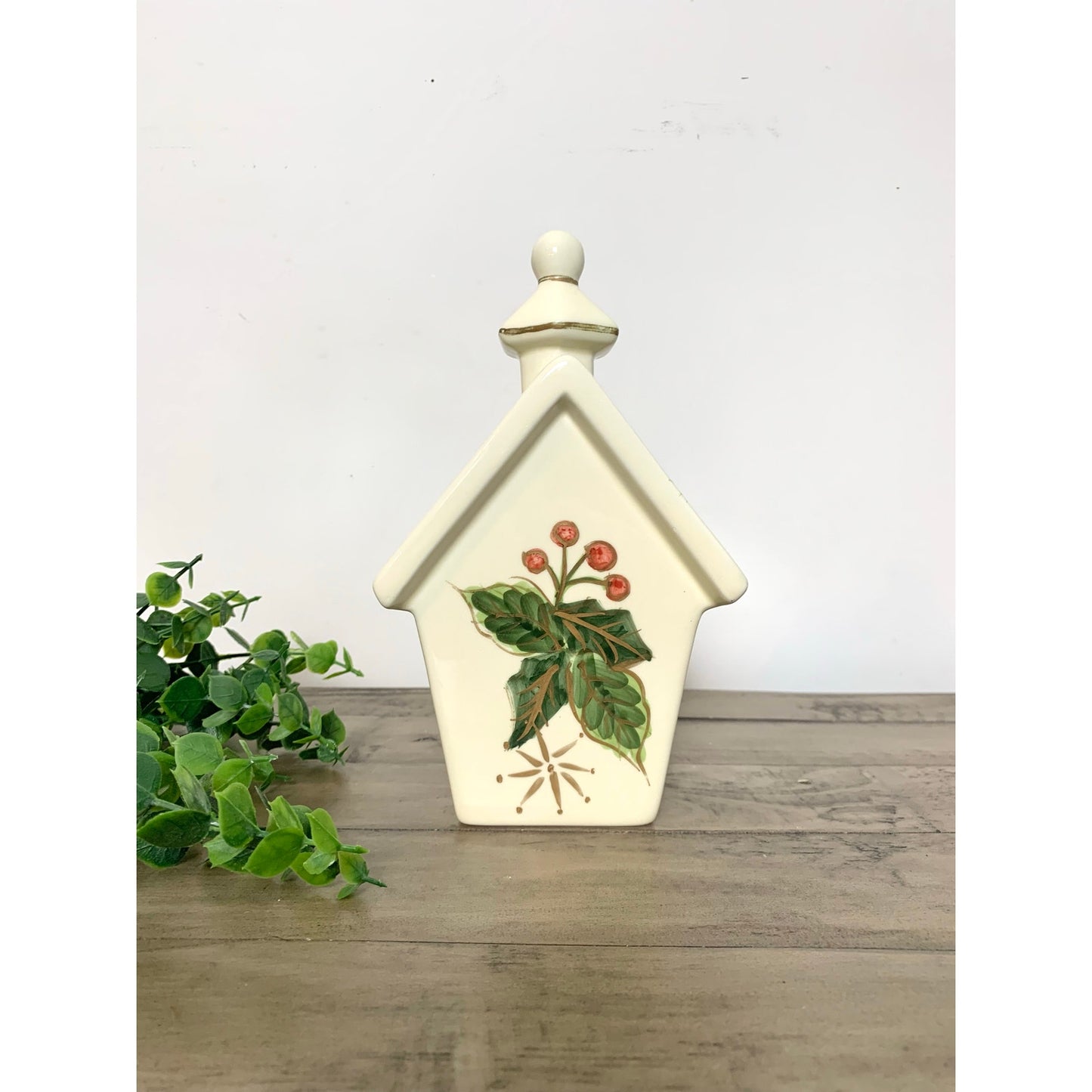 Vintage Ceramic Christmas Birdhouse with Hand Painted Holly and Berry Design Holiday Cottage