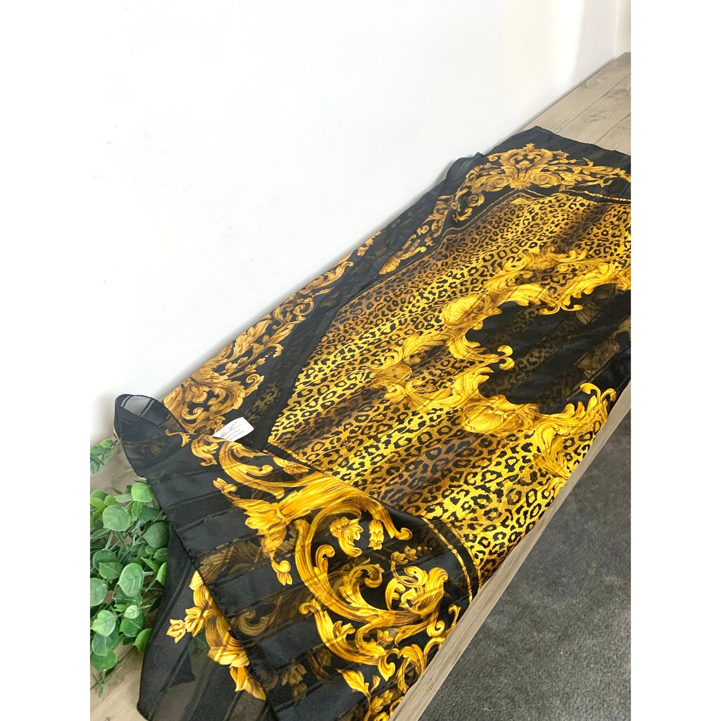 Vintage Kathie Lee Italy Scarf Baroque Leopard Print Black Gold Sheer Square Glam