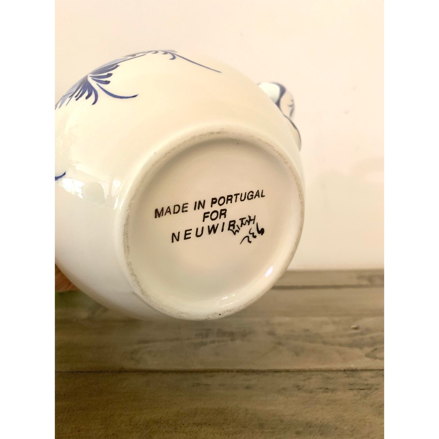 Vintage Blue & White Floral Pitcher Hand Painted Portugal Ceramic Vase Cottage