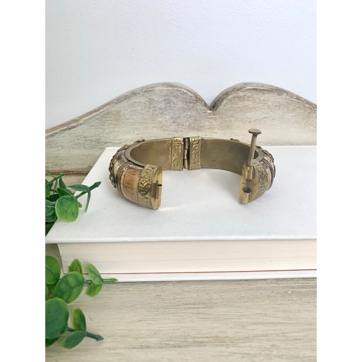 Vintage Camel Bone Bangle Bracelet Brass Overlay Hinged Statement Jewelry